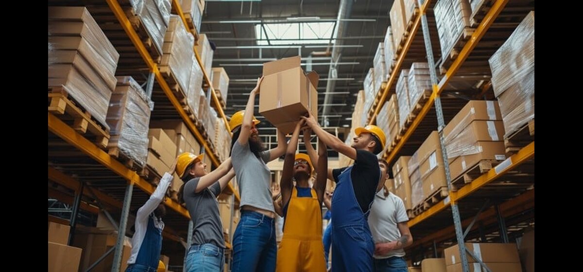 teamwork in warehouse stockcake teamwork in warehouse stockcake